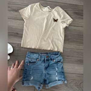 Beige Butterfly Tee and Denim Shorts Set